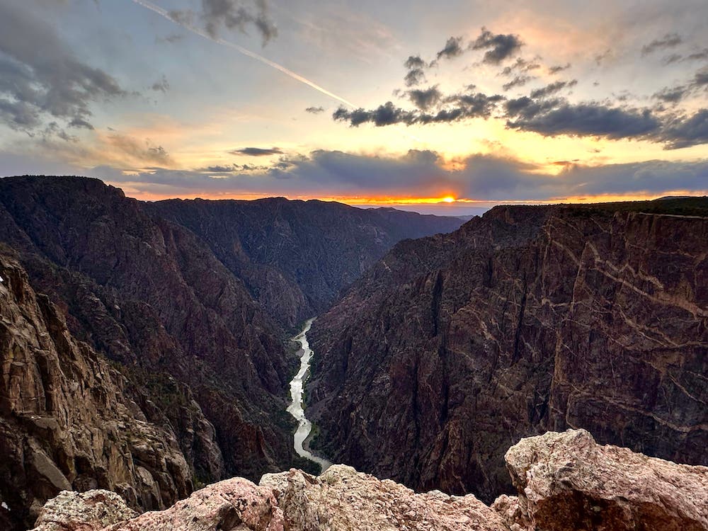 Sunset view from the South Rim of the Black Canyon of the Gunnison National Park, overlooking the Gunnison River in Colorado in the spring