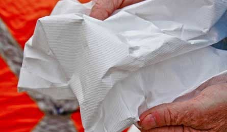 Type 1443 Tyvek resists tearing, punctures and dirt, but is soft and cloth-like, with visible patterning in the non-woven fabric. 