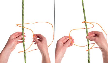 Prusik 3 37002 Widen the bight and pass the loop's knotted end around the standing rope three or four times, alternating your hands as necessary.
