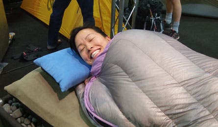 Lisa Cozying Up In A New Nemo Rhapsody 15-degree Bag 38163 Getting cozy in the new Nemo Spoon sleeping bag