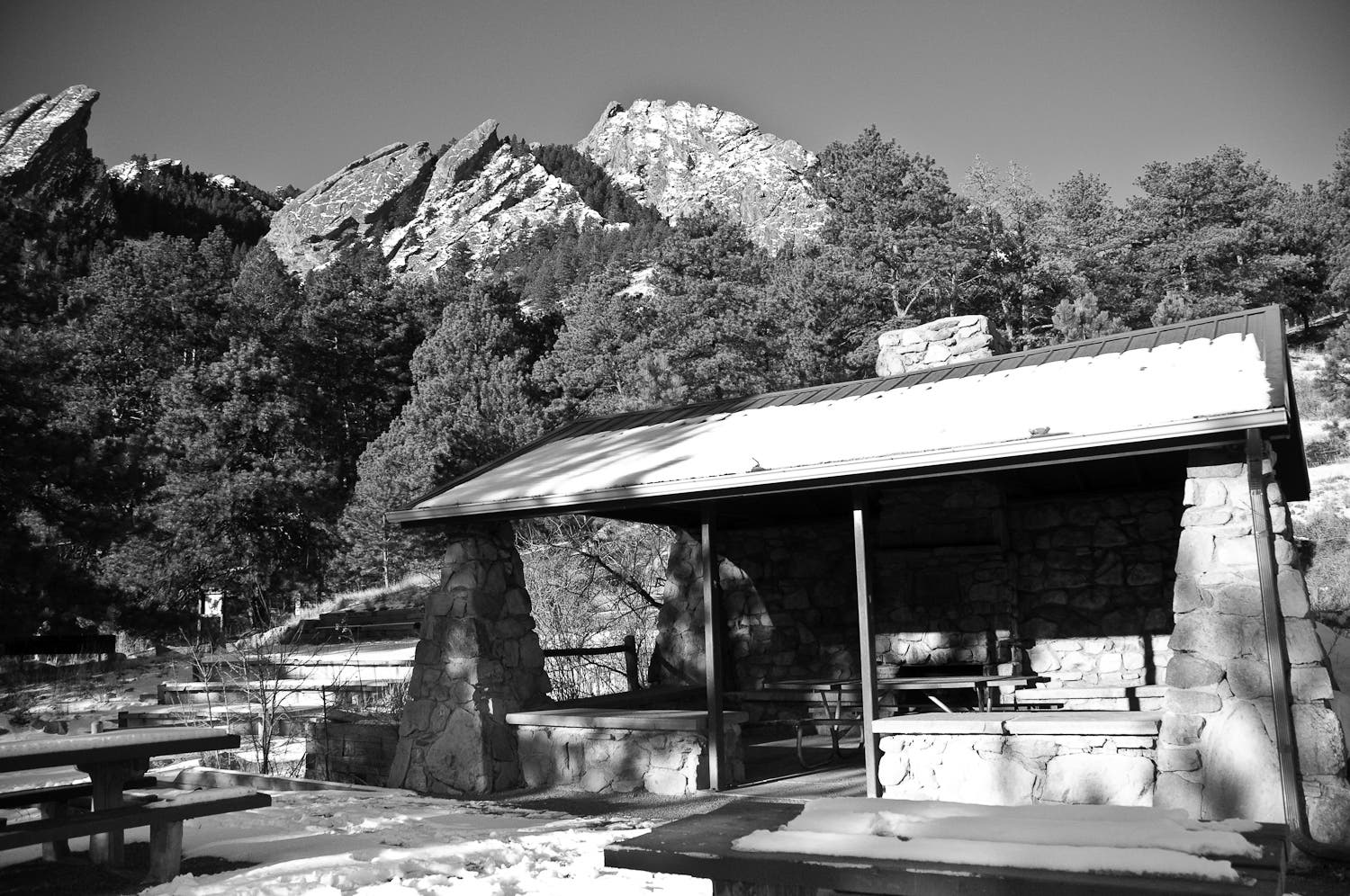 Bluebell Shelter sitting in the shadow of the Flatirons. 