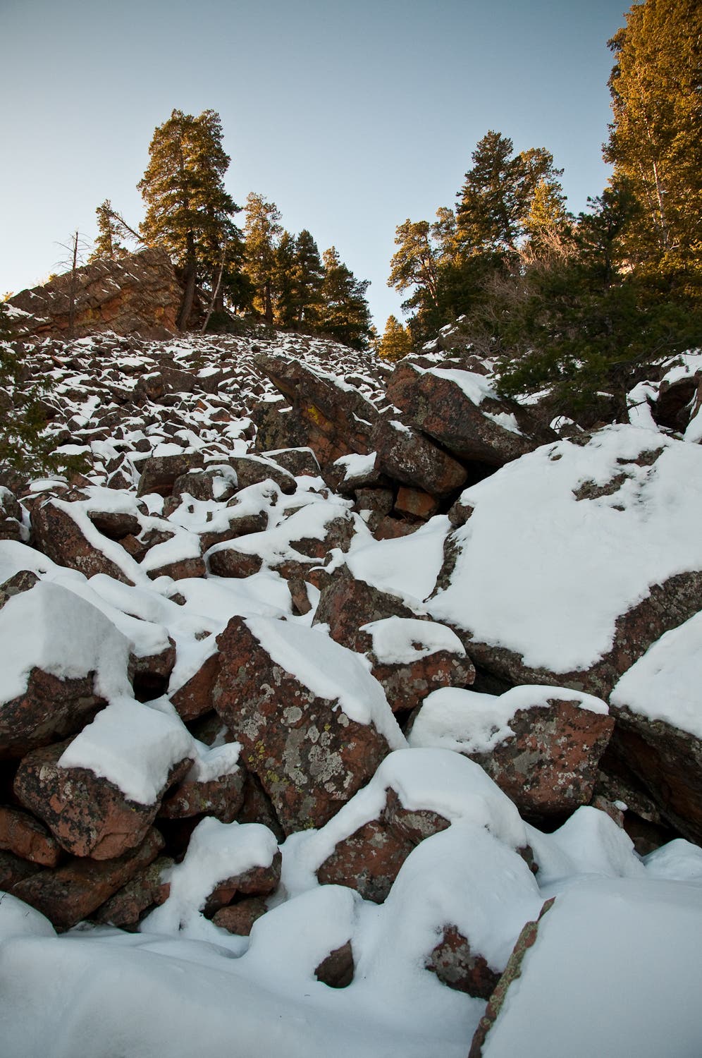 Snow-covered boulder field.