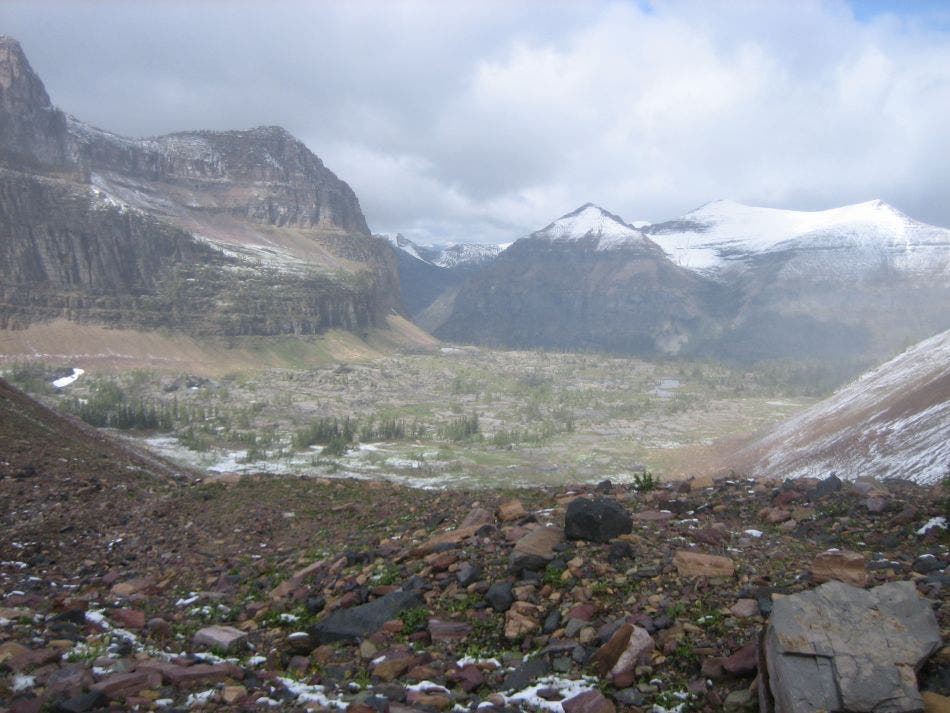 A view of Boulder Valley and the snow-covered mountains in the distance. 