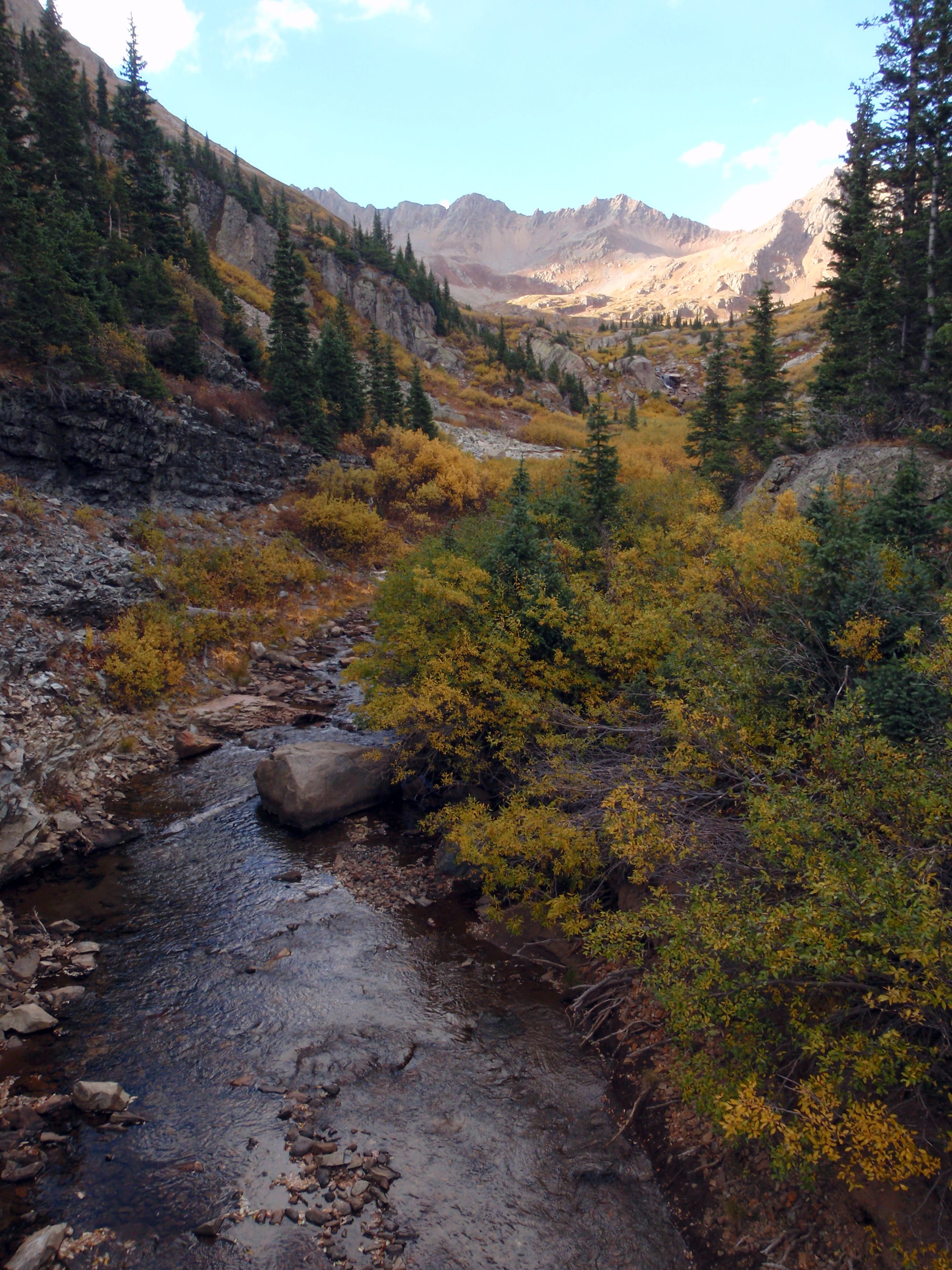 Cascade Creek leads hikers part of the way along the 40 miles from Stony Pass to Celebration Lake. Cascade Creek with mountains rising above it along the Colorado Trail from Stony Pass to Celebration Creek.