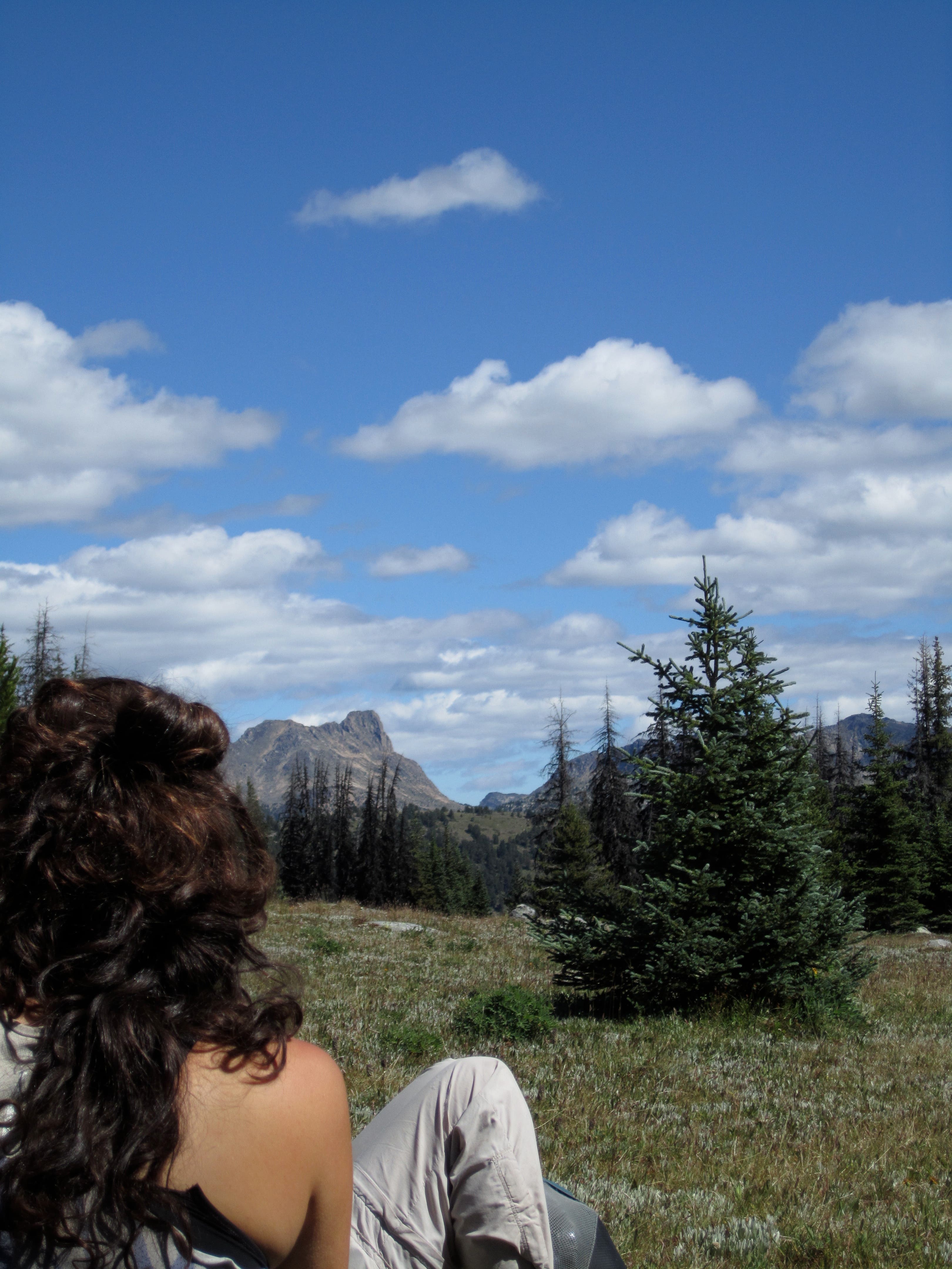 Views of Cathedral Peak on the way from Cold Springs Campground to Ross Lake along the PNT. Hiker sitting on the ground looking out at Cathedral Peak in the distance.