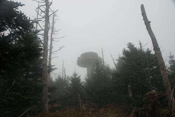 Clingmans Dome Tower shrouded in the mist. A view of Clingmans Dome Tower shrouded in mist.