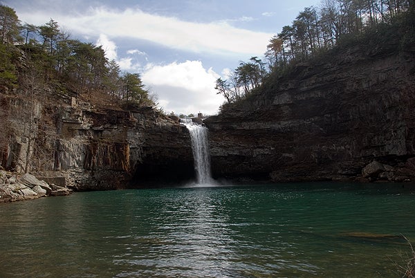 A forward-facing view of Desoto Falls from the canyon floor. A forward-facing view of Desoto Falls from the canyon floor.