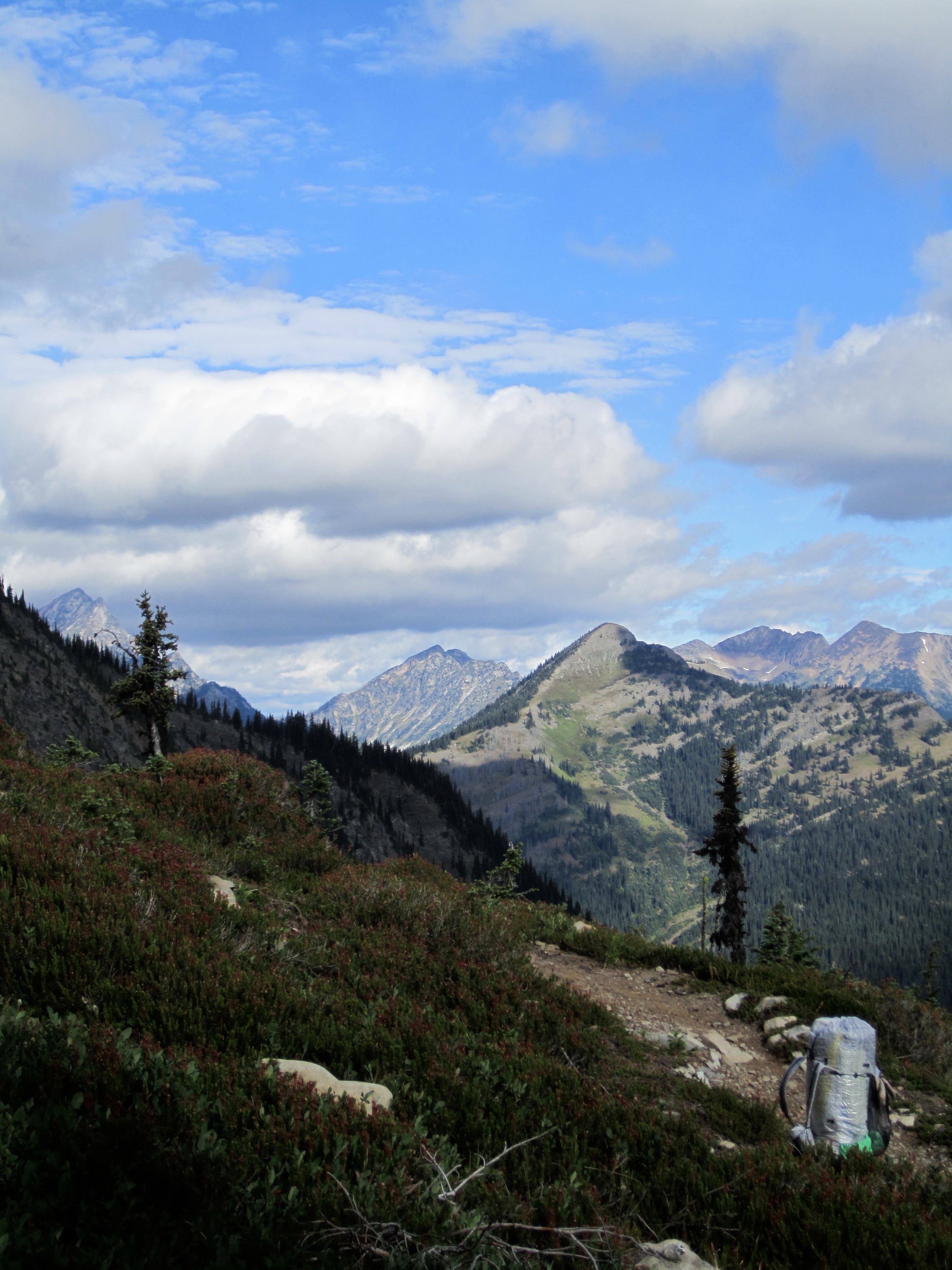 Hiking up Devil's Staircase. A backpack sits in the middle of the trail partway up Devil's Staircase.