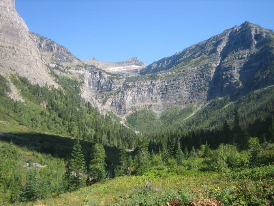 A view of Hole-in-the-Wall Falls on the way up to Kintla Lake. Hole-in-the-Wall Falls