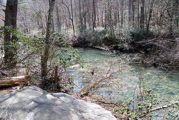 Little River meanders alongside the River Trail at Desoto Falls. A river of crystal clear water running adjacent to the trail.