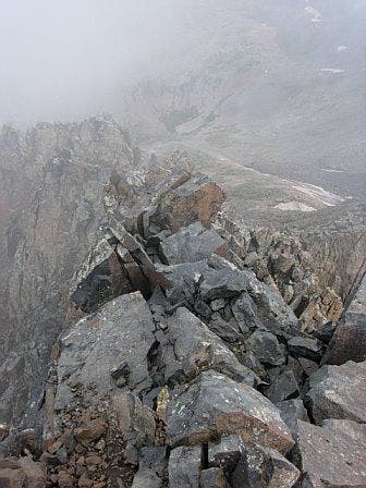 Looking down on the crux from Mount Wilson's summit None