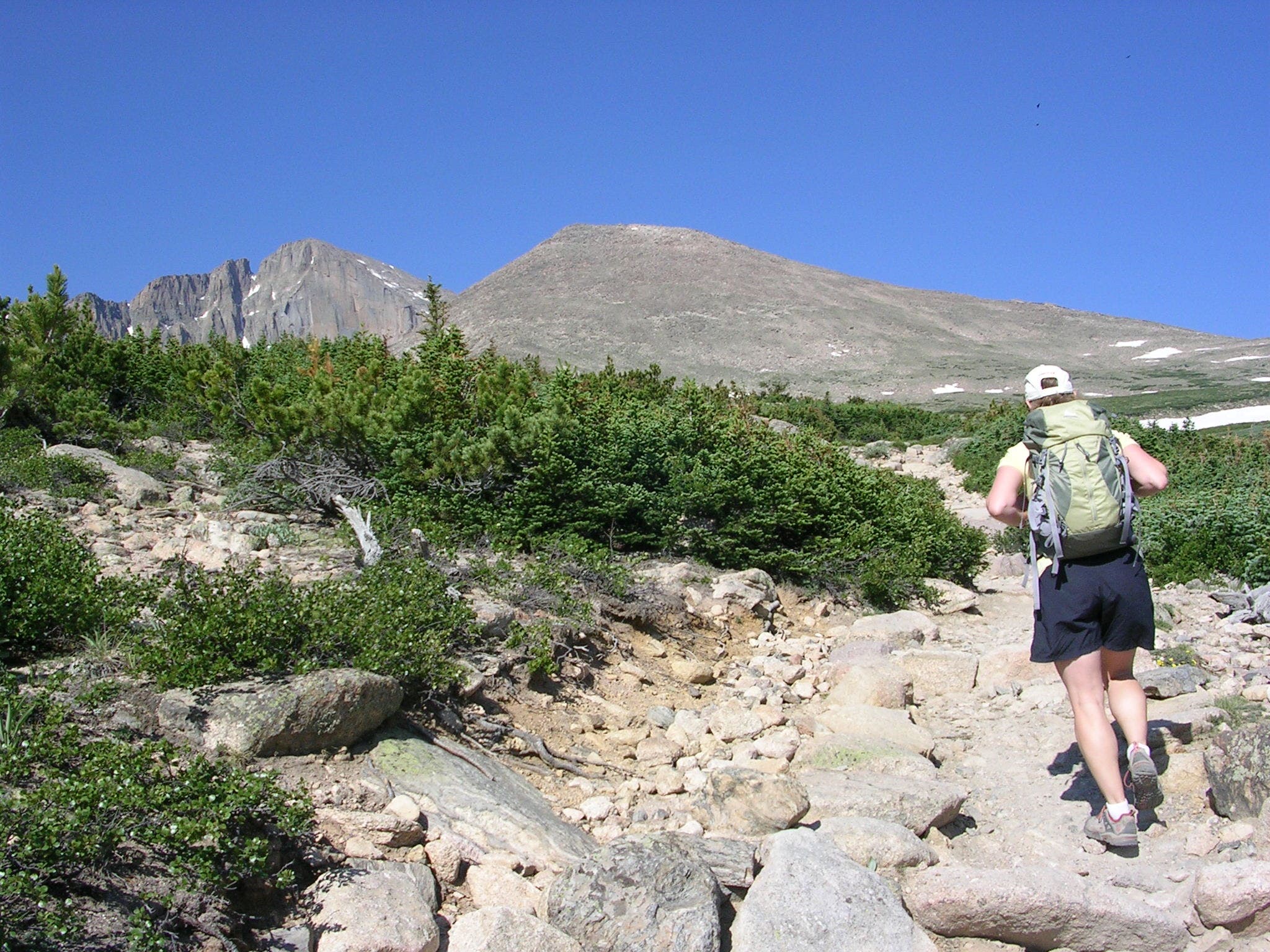 Hiker walking up a rocky, scrub-filled portion of the Chasm Lake Trail. 
