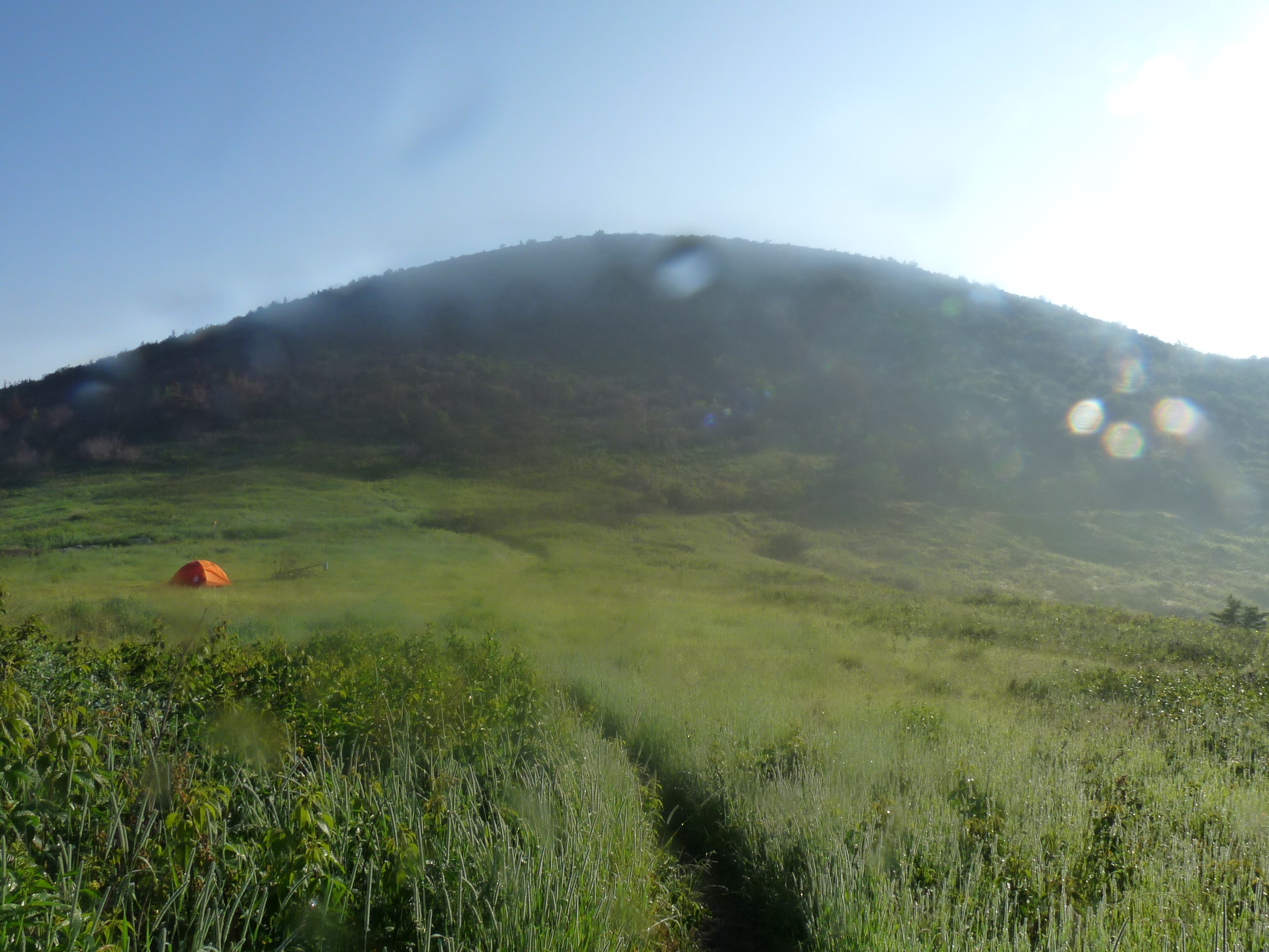Tennent Mountain, Black Balsam Knob Hike, Asheville, NC An orange tent sits beneath the watchful slopes of Tennent Mountain along the Black Balsam Knob hike.