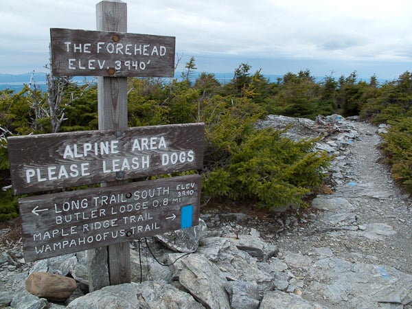 The Forehead, Mansfield's southernmost peak.  A trail sign marks the arrival at Mansfield's forehead and the beginning of a 2.3-mile hike to the mountain's true summit.