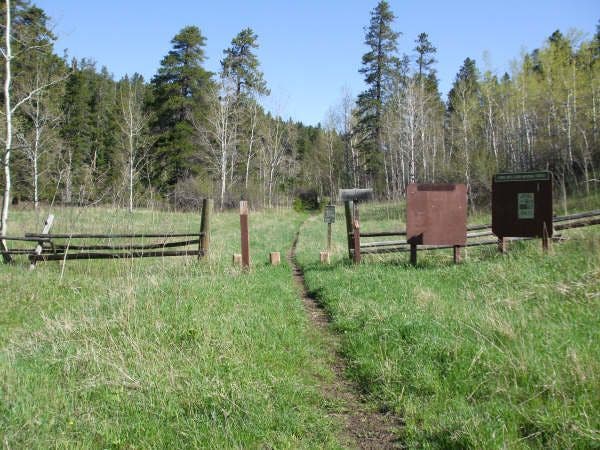 A dirt singletrack and trail signs mark the trailhead for both the Chasm Lake Trail and Long's Peak.