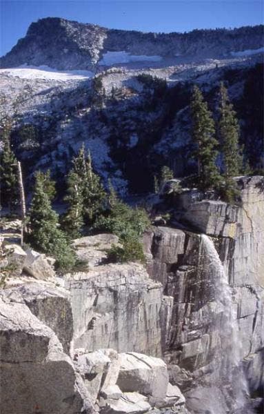 Tumbling cascade of Grizzly Falls from Grizzly Meadows; Thompson Peak in background None