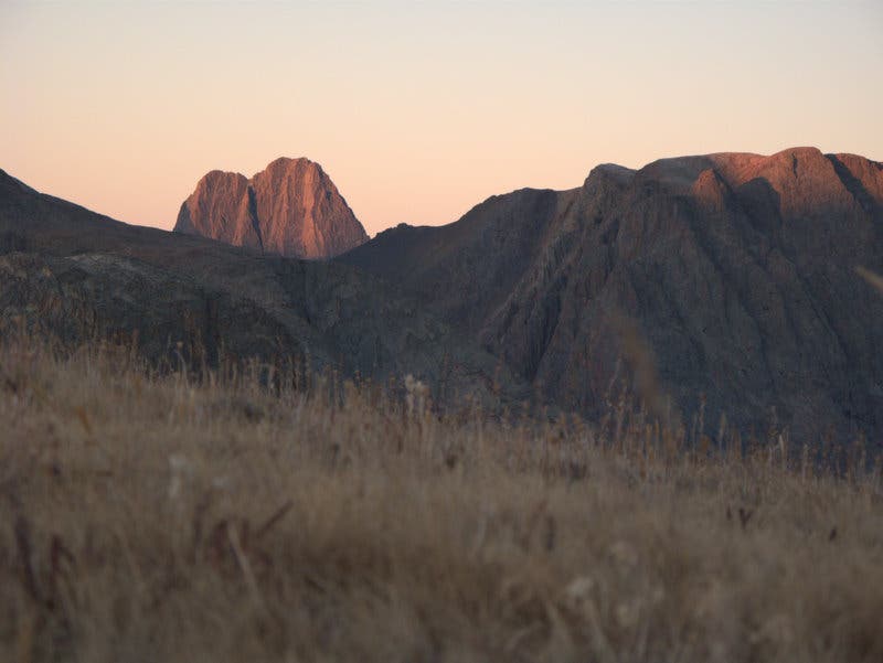 Vestal Peak at dawn along the Colorado Trail partway between Stony Pass and Celebration Lake. View of Vestal Peak on the hike from Stony Pass to Celebration Lake.