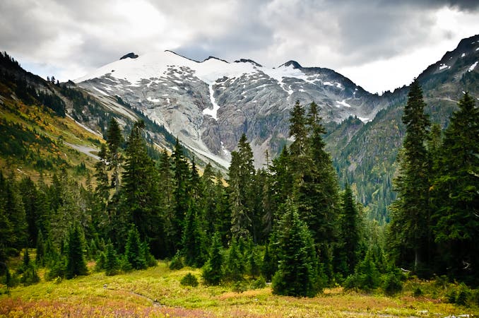 Snow-covered mountains encircled by tall pines make for beautiful views on the way to Beaver Trail. 