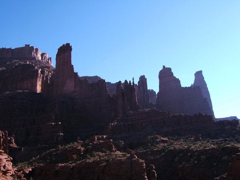 Once on the trail, the views immediately get spectacular. This photo shows the wild variety of shapes and colors in Fisher Towers.