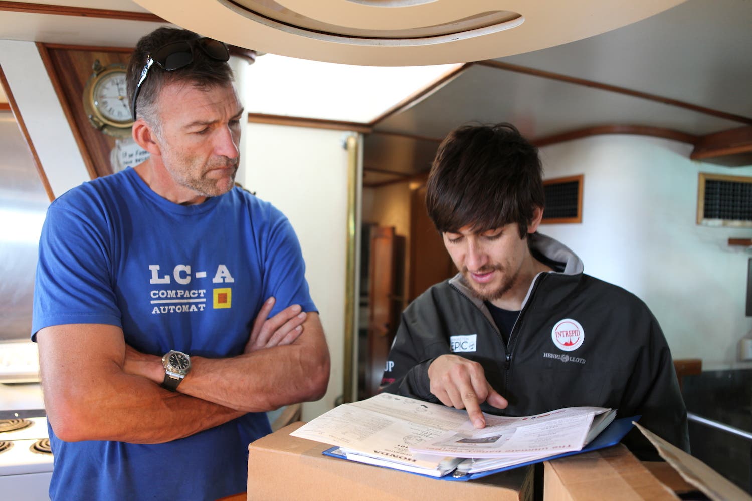 planning Expedition leader Tim Jarvis (left) and engineer Seb Coulthard plan logistics.