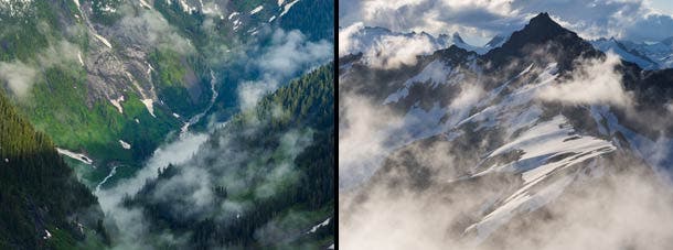 Low clouds encircle the headwaters of Goodell Creek [left] and Forbidden Peak [right] in North Cascades National Park.