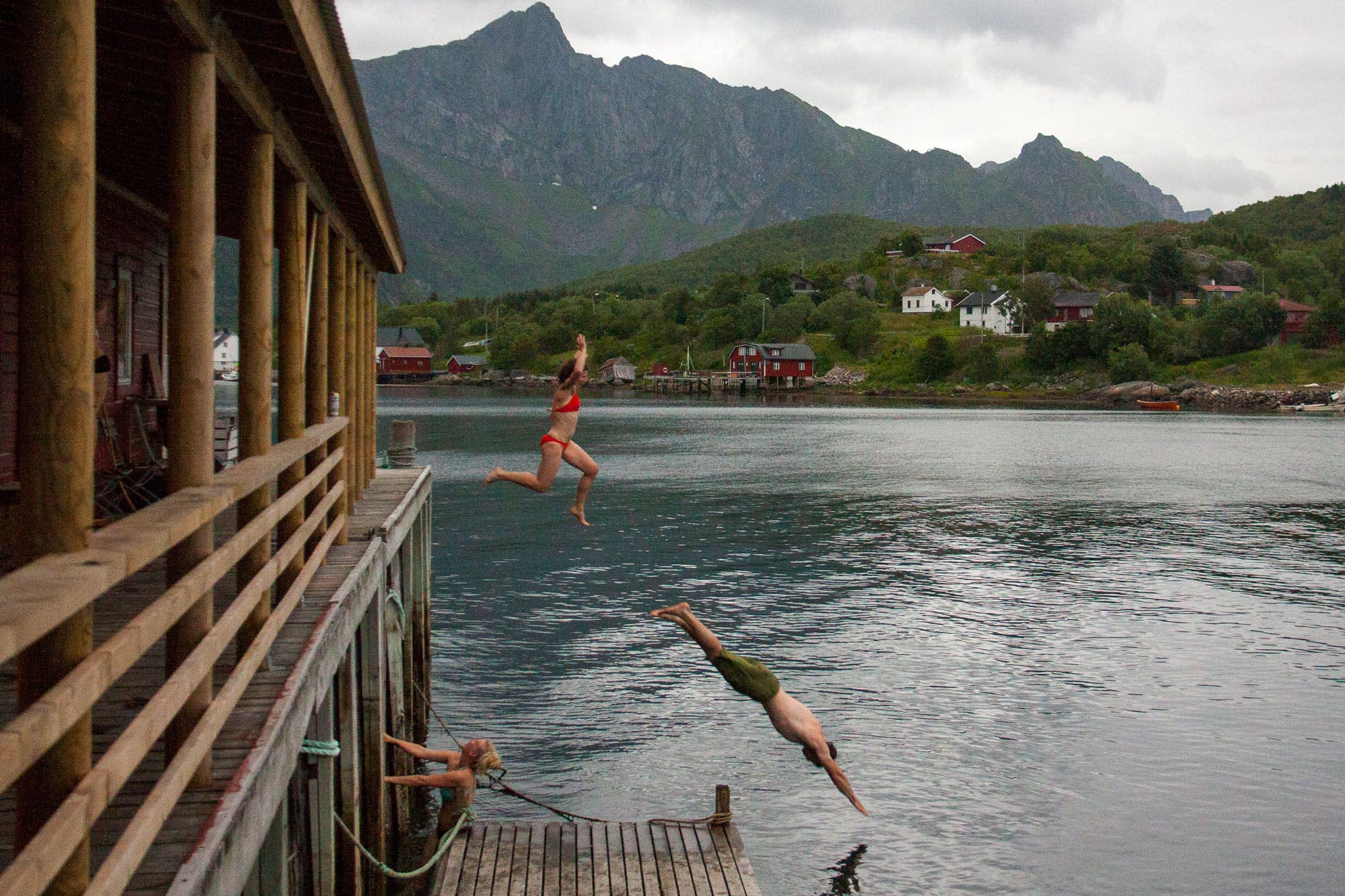 Majka Burhardt and Peter Doucette, celebrating day five of being married by jumping into the Norwegian sea.