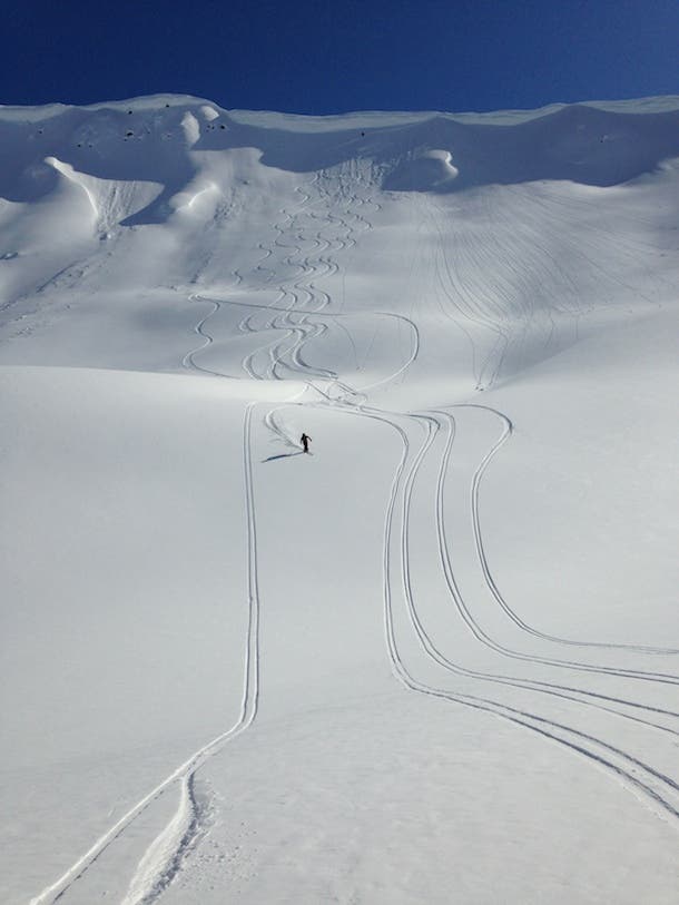 …like this one, which had, we’re told, never been skied before. We dubbed it “Vegas” because that cornice was like an all-you-can-eat buffet.