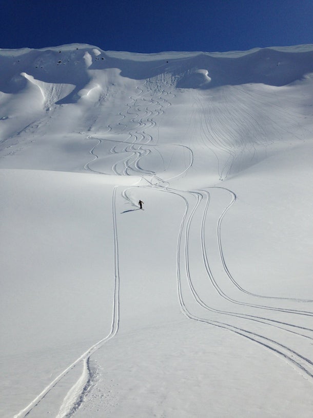Vegas …like this one, which had, we’re told, never been skied before. We dubbed it “Vegas” because that cornice was like an all-you-can-eat buffet.