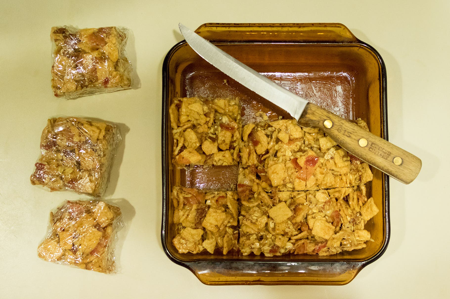 Bacon Krispy Bars: Step 6 Cut into nine squares. Wrap each bar in plastic wrap or parchment (if using parchment, bars should be kept in a sealed plastic container to maintain…