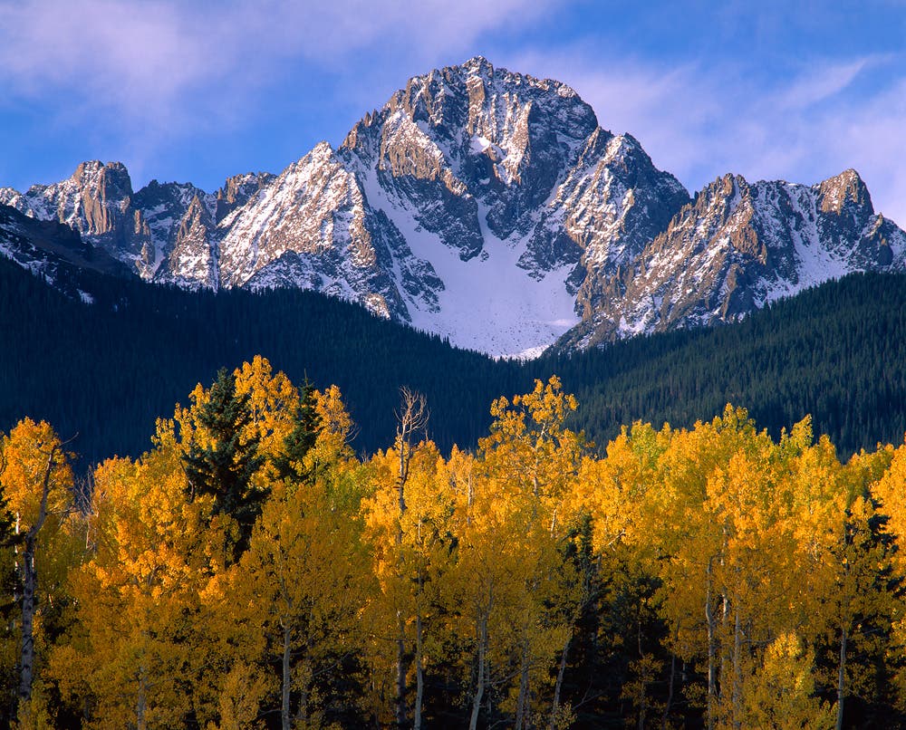 One of Colorado’s most beautiful mountains, being surrounded by vast aspen groves makes 14,150’ Mount Sneffels all the more picturesque in fall.