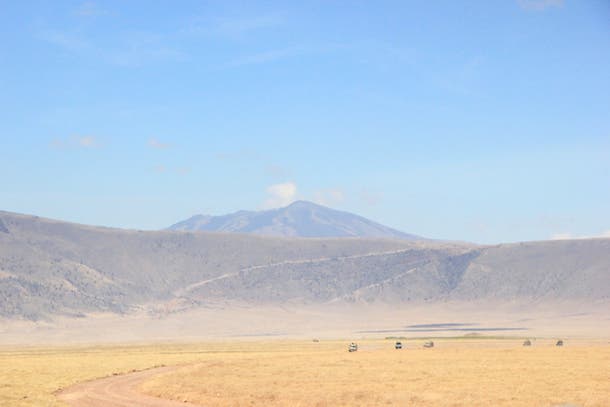 Safari vehicles trace the Ngorogoro Crater’s broad savannah, 2,000 feet below the caldera rim.
