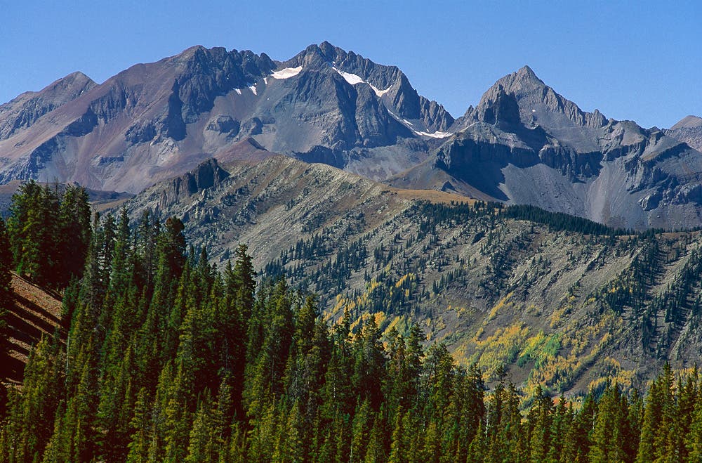 Wilson Massif, Colorado Mount Wilson (left of center), the highest point in the San Miguel Mountains, a sub-range of the San Juan Mountains of southwest Colorado, and…