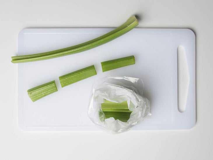 Rinse celery. Cut sticks into 4-5