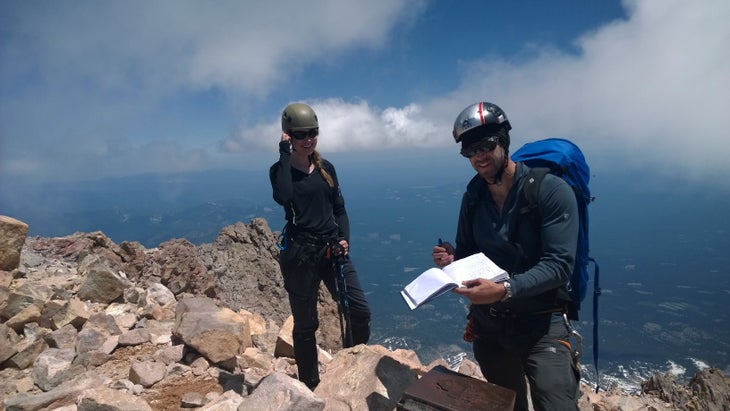 Climbing Mount Shasta Members of team 1 glissade down the West Face. What a ride!