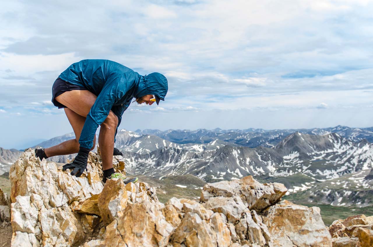 Anton Krupicka scrambles across the summit of 14,205-foot Mt. Belford during an attempt at Nolan's 14, which links up 14 of the 14ers in Colorado's…