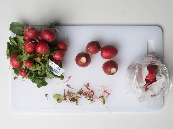 Choose the bigger radishes of the bunch, as they’ll keep longest (use the little ones at home). Don’t wash them, as this removes the veggies’…