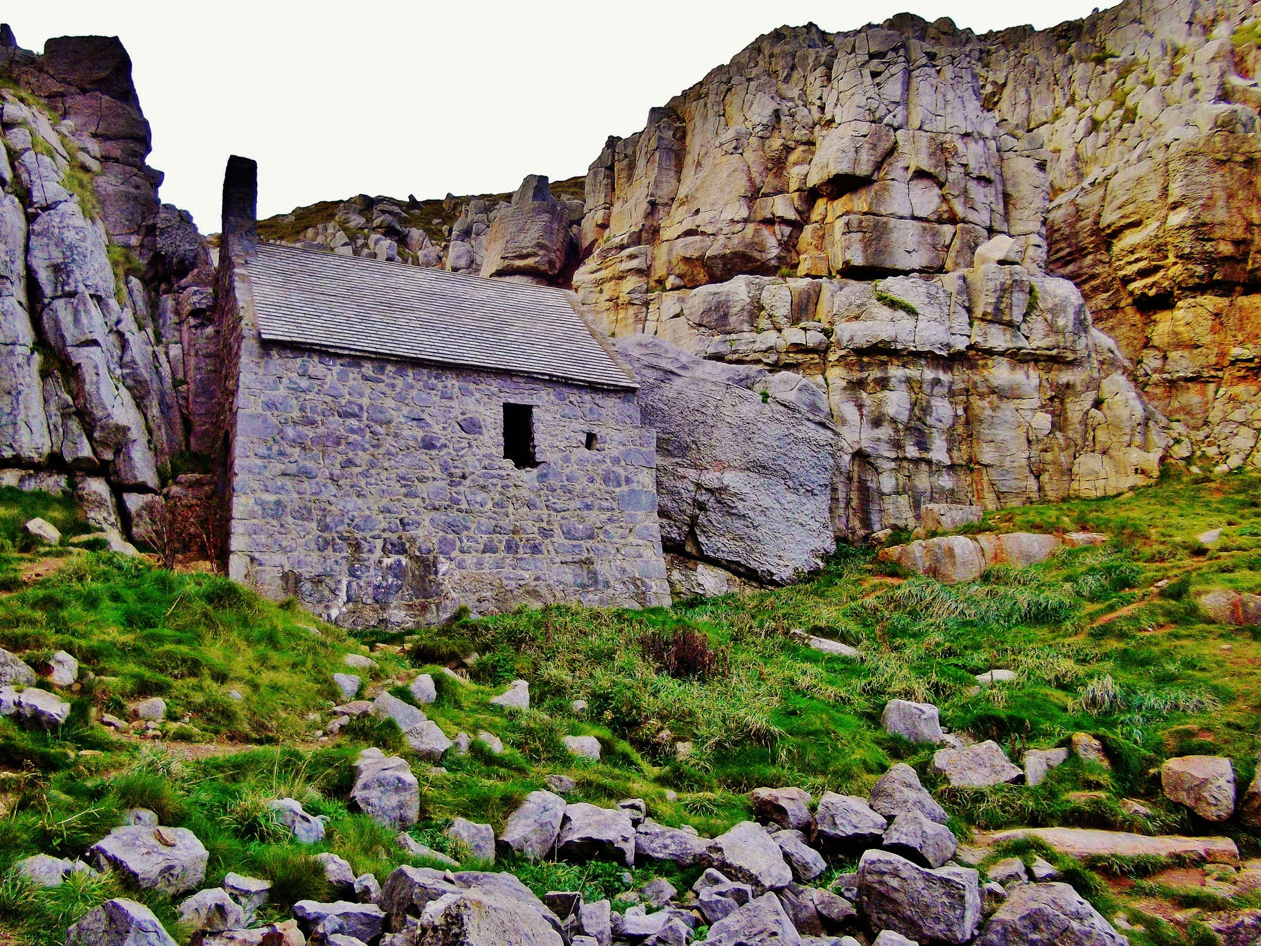 St Govan's Chapel in Bosherston, Pembrokeshire is a tiny chapel hidden in a deep ravine. It dates from the thirteenth century.