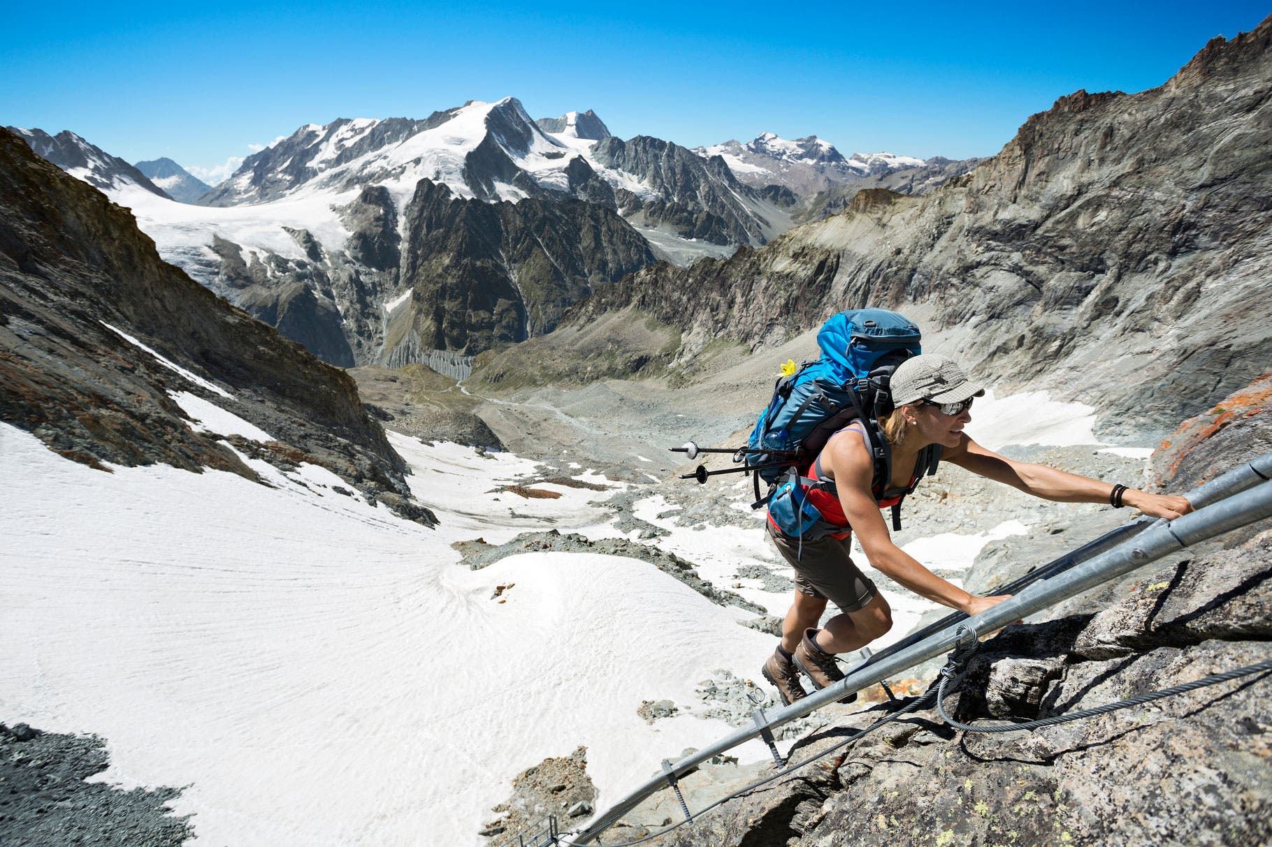 To the Bertol Hut Climbing a ladder to the Bertol Hut on the fourth day of the Chamonix to Zermatt Glacier Haute Route.