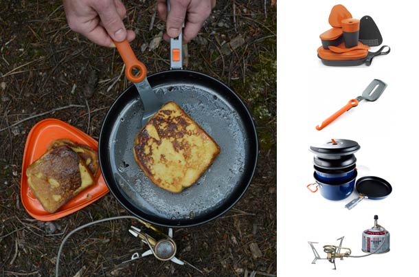Preparing French Toast Light My Fire MealKIt 2.0:Ā $26.95, 13 ozĀ www.lightmyfire.comĀ GSI Pivot Spatula: $5.95, 1.4 ozĀ gsioutdoors.comĀ GSI Bugaboo Frypan WithSet: $84.95,ā¦