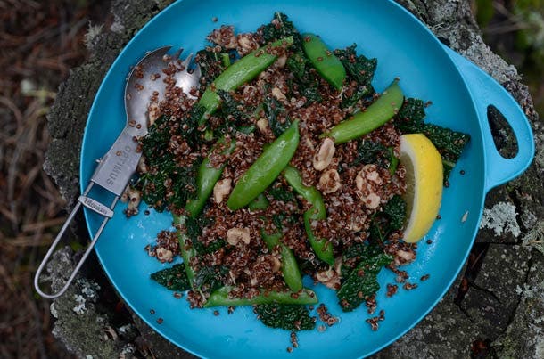 Quinoa Salad with Kale served with: Optimus Titanium Folding Spork: $14.95, .63 oz www.optimusstoves.com  Sea to Summit Delta Plate in Pacific Blue:…