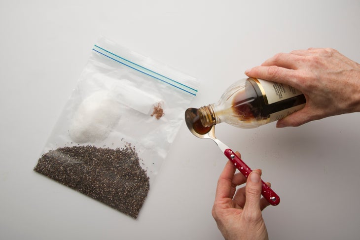 Chia Pudding Pack 2/3 cup chia seeds, 1 tsp vanilla extract, a pinch of nutmeg, ¼ cup sugar, and a pinch of salt in a zip-top bag.