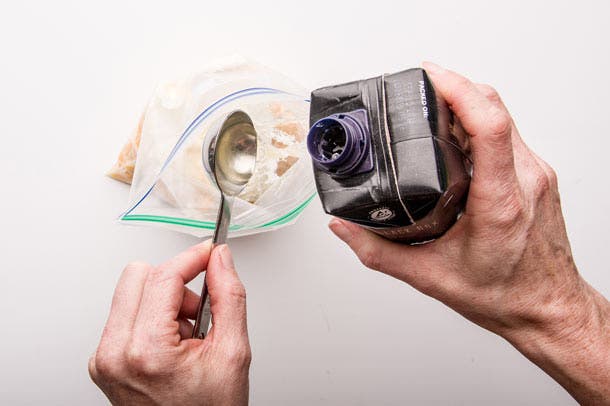 Fondue: Step 4 Add cream cheese, mayonnaise, and wine to cheese bag.