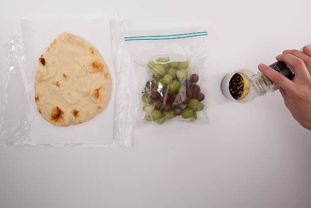Trail Tapas: Step 1 prep naan, grapes, and olive oil