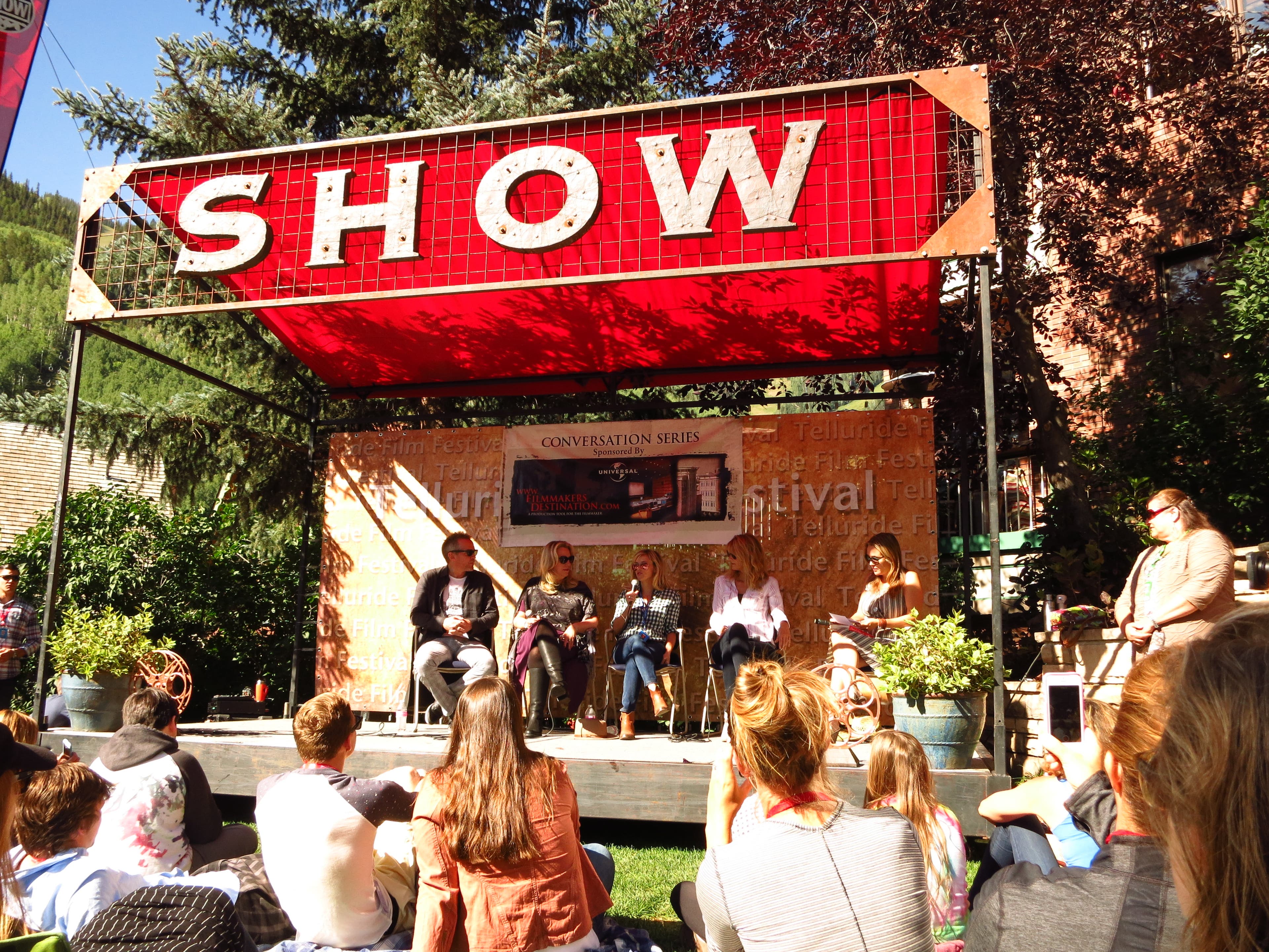 From left: director Jean-Marc Vallee, author Cheryl Strayed, star and producer Reese Witherspoon, co-star Laura Dern and interviewer, novelist…