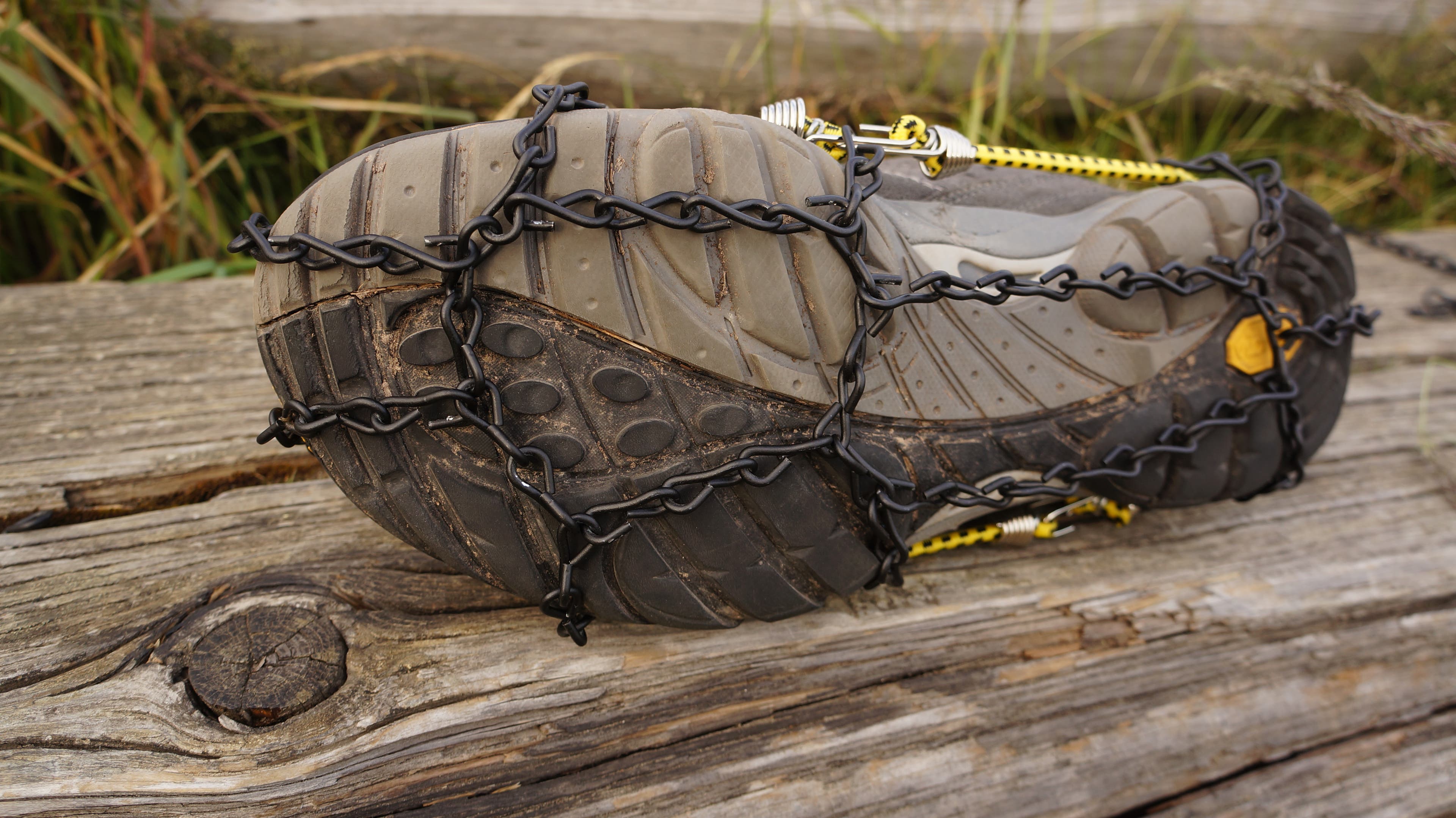 Make Snow Traction With a Bungee Cord A chain section over the top of the foot can add extra stability and a more secure fit.