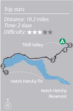 image of a map of a hike for hetch hetchy hike
