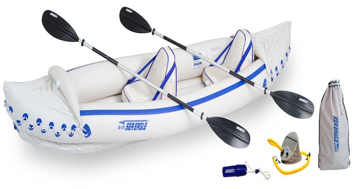 Sea Eagle SE370 Pro Package Sponsored: Only 32 lbs., the SE370 has a large carrying capacity of 3 people or 650 lbs. You can take along enough gear for long weekend fishing…