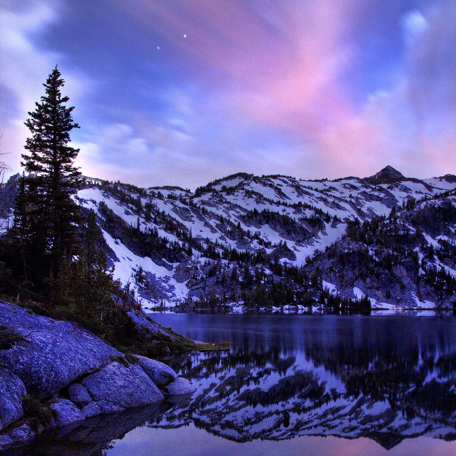 Ice Lake lit by moonlight with Mars and the star Spica arriving to light the night sky, July 2014 Life as a Wilderness Ranger