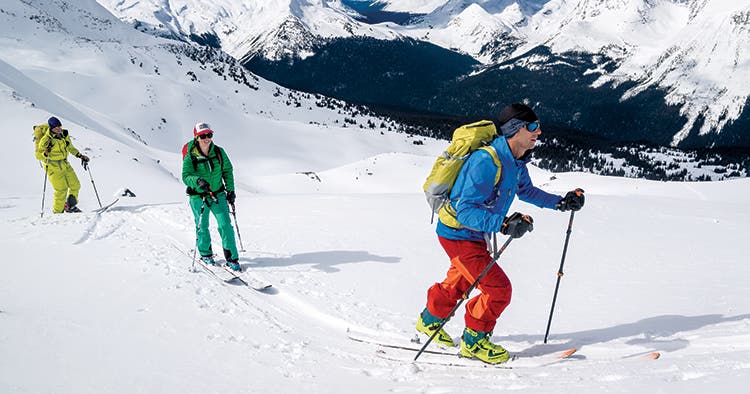 The test crew skins uphill -breathability testing!- on another lap. [photo: Ben Fullerton]