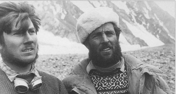 Walter Bonatti (left) and Erich Abram (right) at the K2 base camp during the K2 expedition 1954